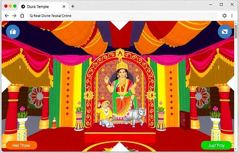 Durga Puja Virtual Temple Main Interface showing a beautifully decorated virtual pandal with Durga idol
